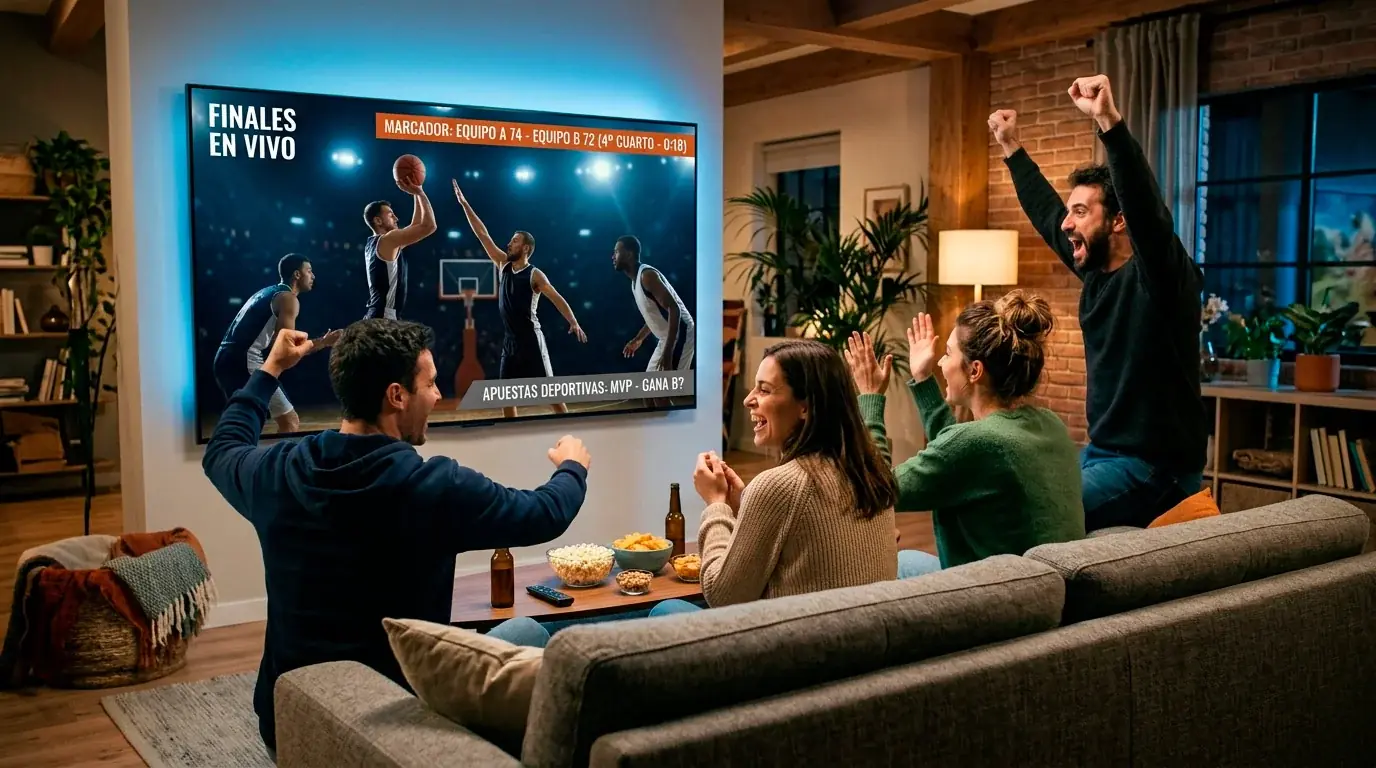 Aficionados viendo las Finales NBA en una sala con pantalla grande