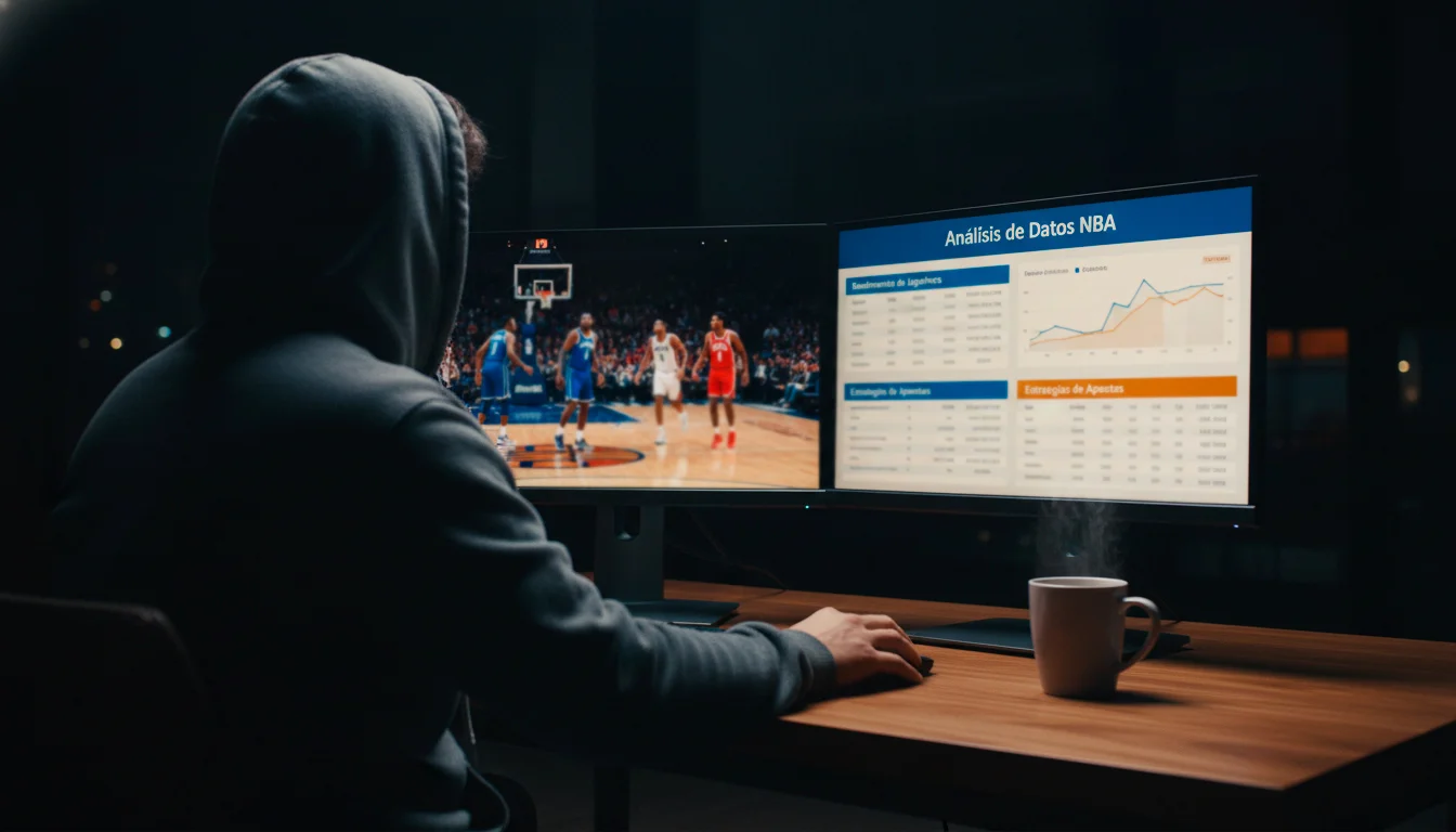 Analista revisando estadísticas avanzadas NBA en portátil antes de apostar